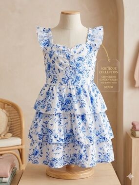 Blue & White Floral Tiered Girls' Dress
